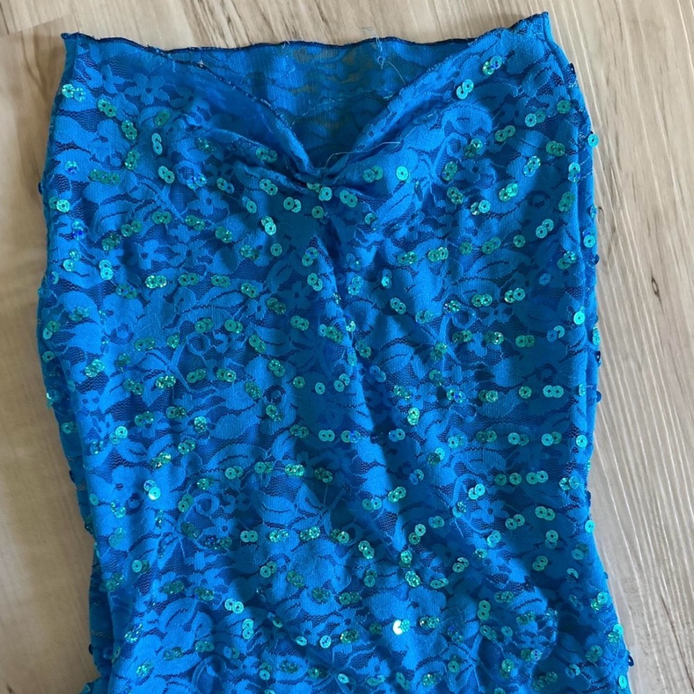 Blue Sequin Lace Strapless Dress